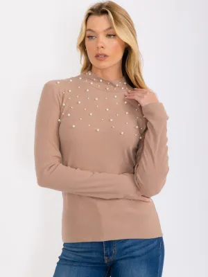 WOMEN'S LONG SLEEVES MOCK NECK PEAR DETAILED TOP