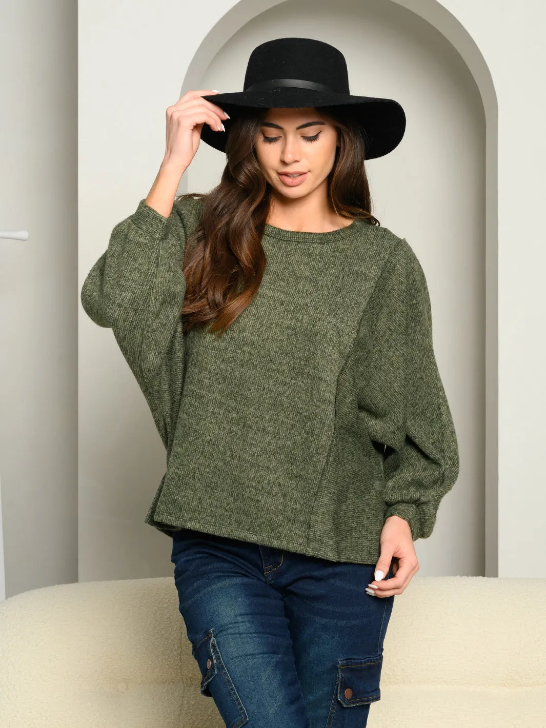 WOMEN'S PUFF LONG SLEEVE KNIT TOP