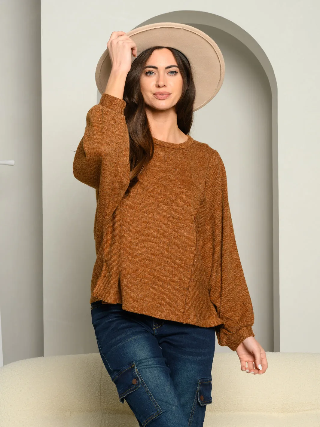 WOMEN'S PUFF LONG SLEEVE KNIT TOP