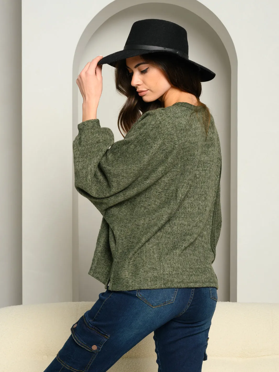 WOMEN'S PUFF LONG SLEEVE KNIT TOP