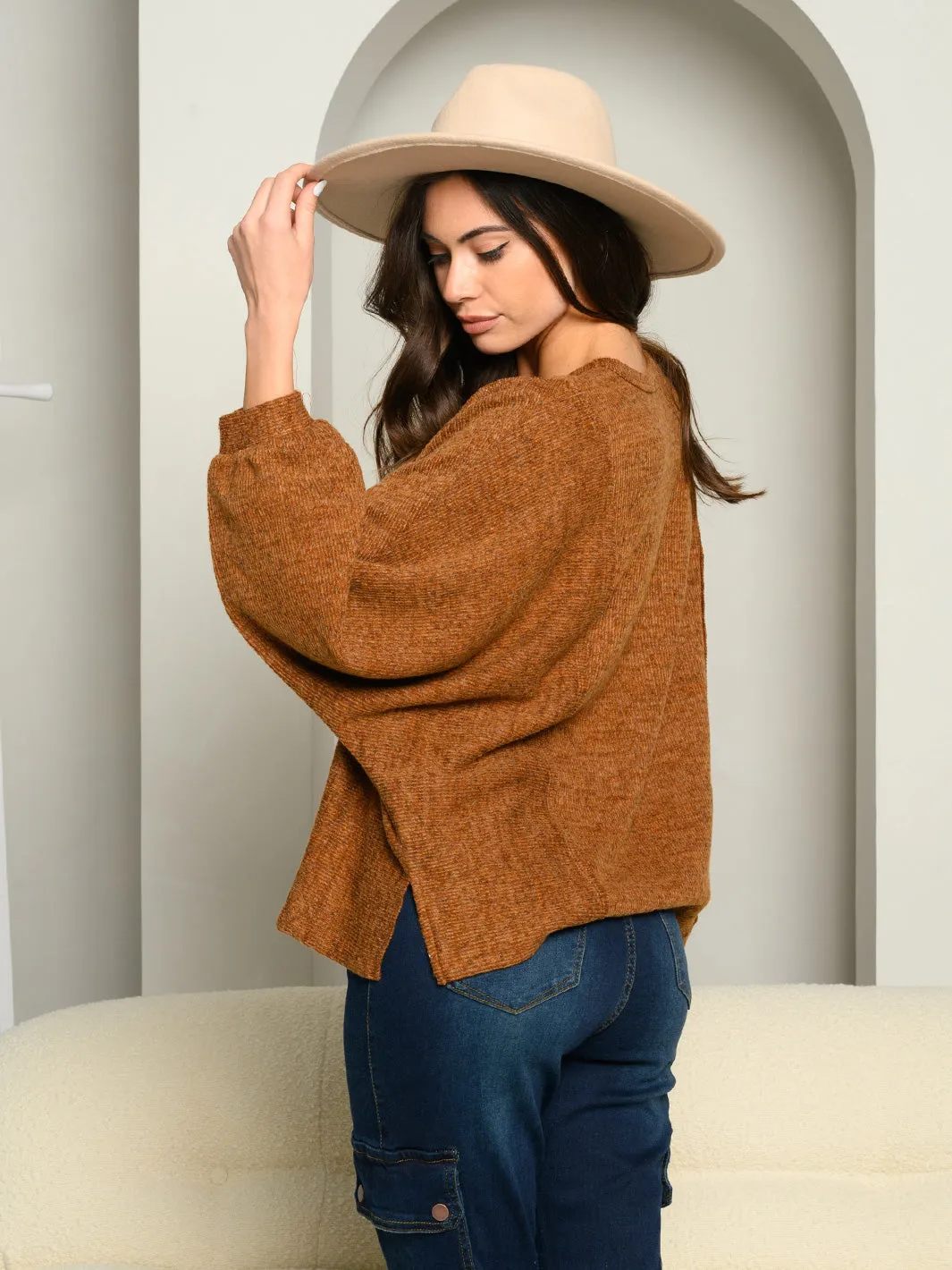 WOMEN'S PUFF LONG SLEEVE KNIT TOP