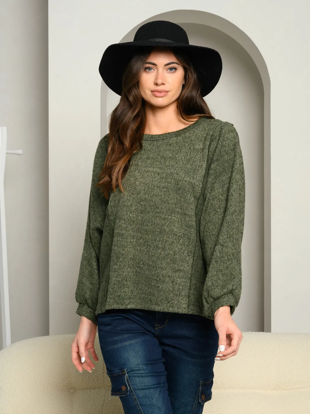 WOMEN'S PUFF LONG SLEEVE KNIT TOP