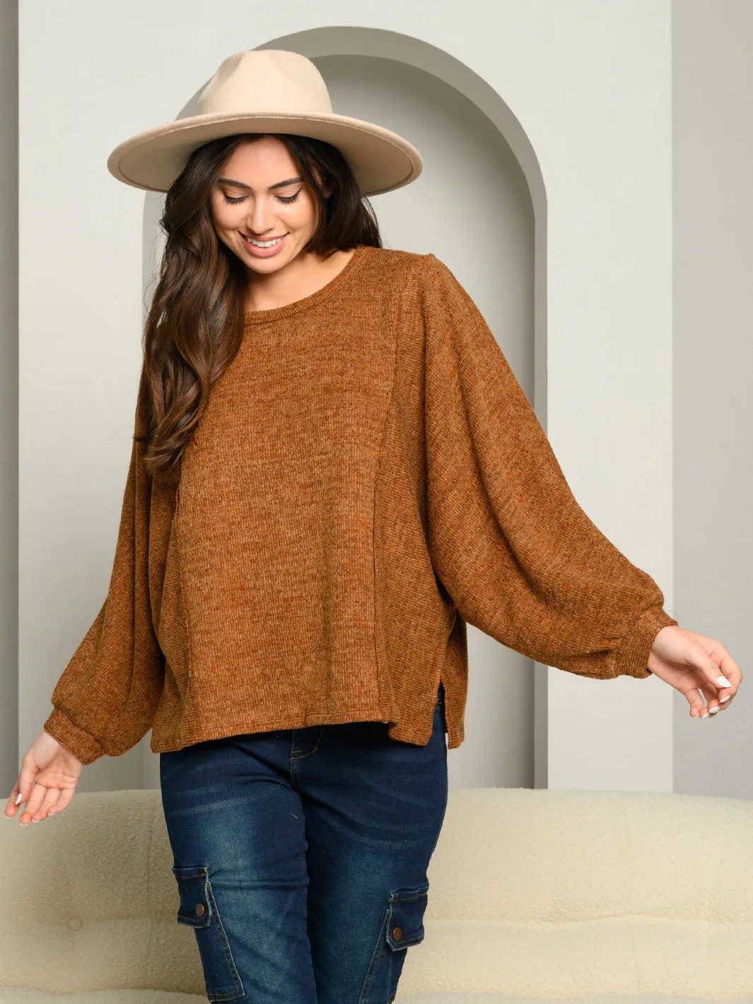 WOMEN'S PUFF LONG SLEEVE KNIT TOP
