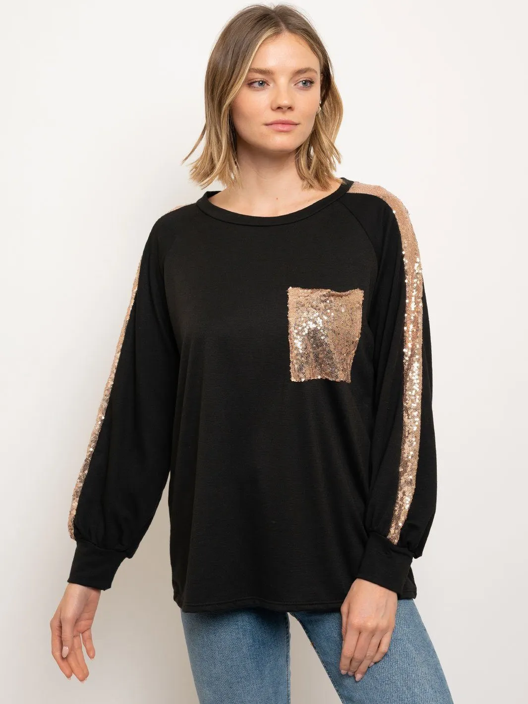 WOMEN'S SEQUINS LONG SLEEVE POCKET TOP