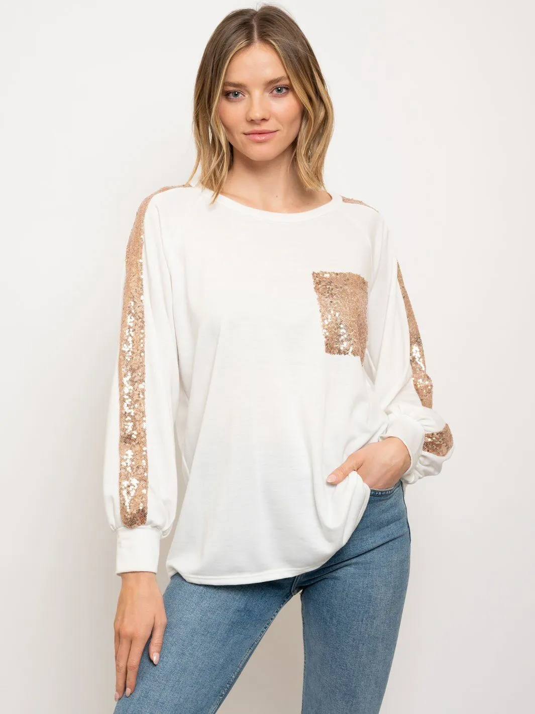 WOMEN'S SEQUINS LONG SLEEVE POCKET TOP