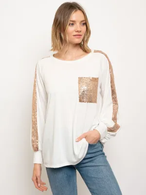 WOMEN'S SEQUINS LONG SLEEVE POCKET TOP