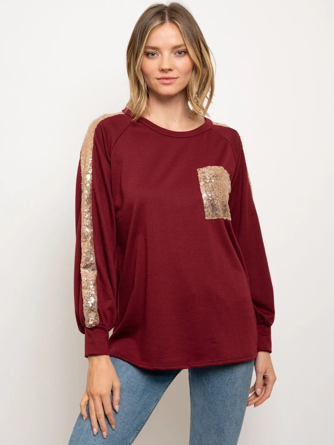 WOMEN'S SEQUINS LONG SLEEVE POCKET TOP