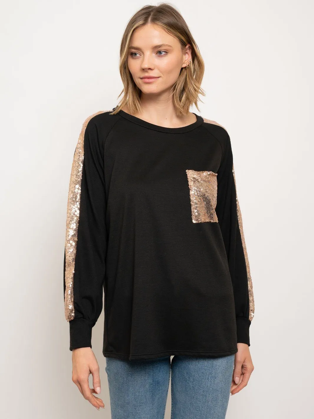 WOMEN'S SEQUINS LONG SLEEVE POCKET TOP