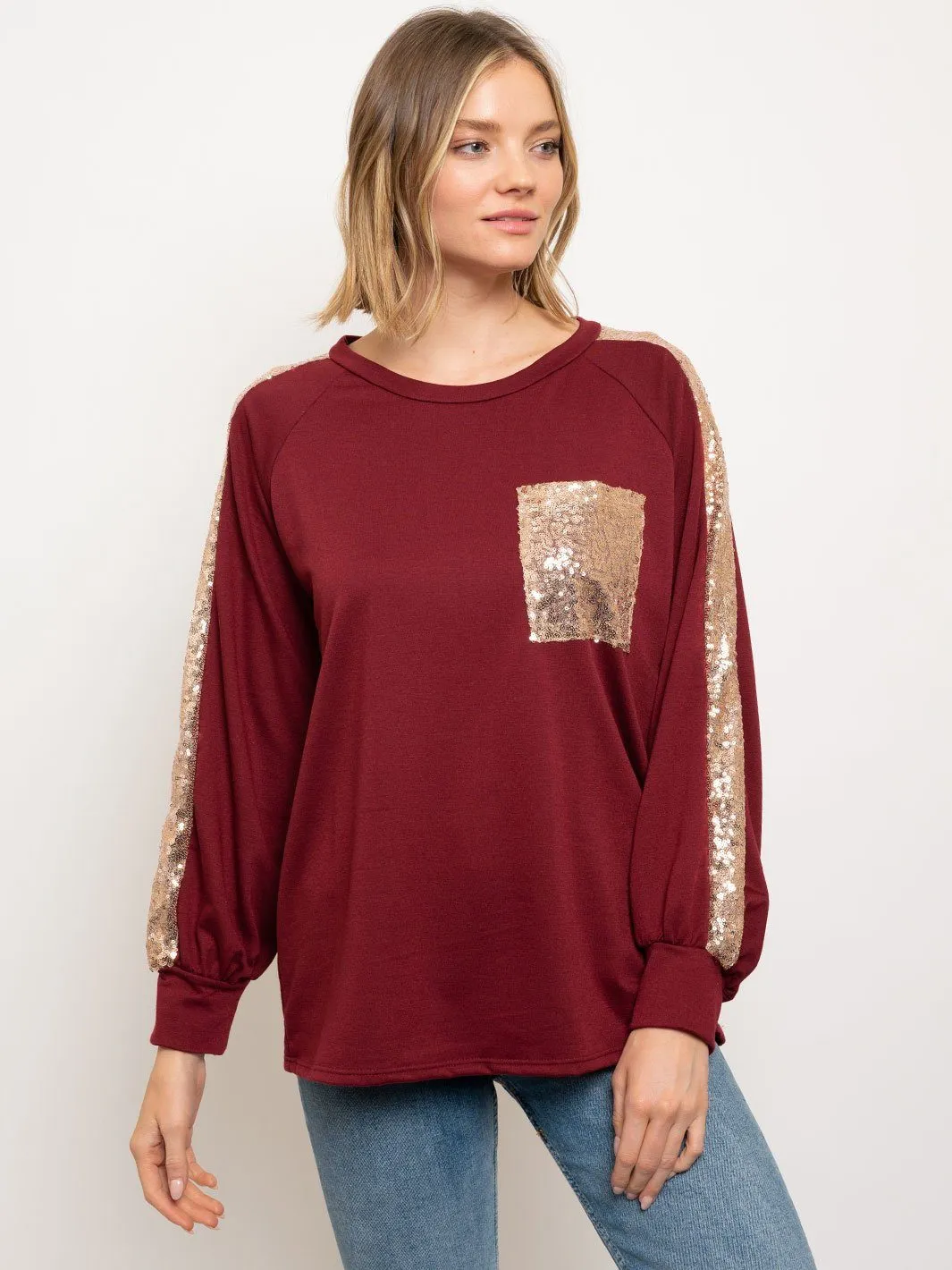 WOMEN'S SEQUINS LONG SLEEVE POCKET TOP