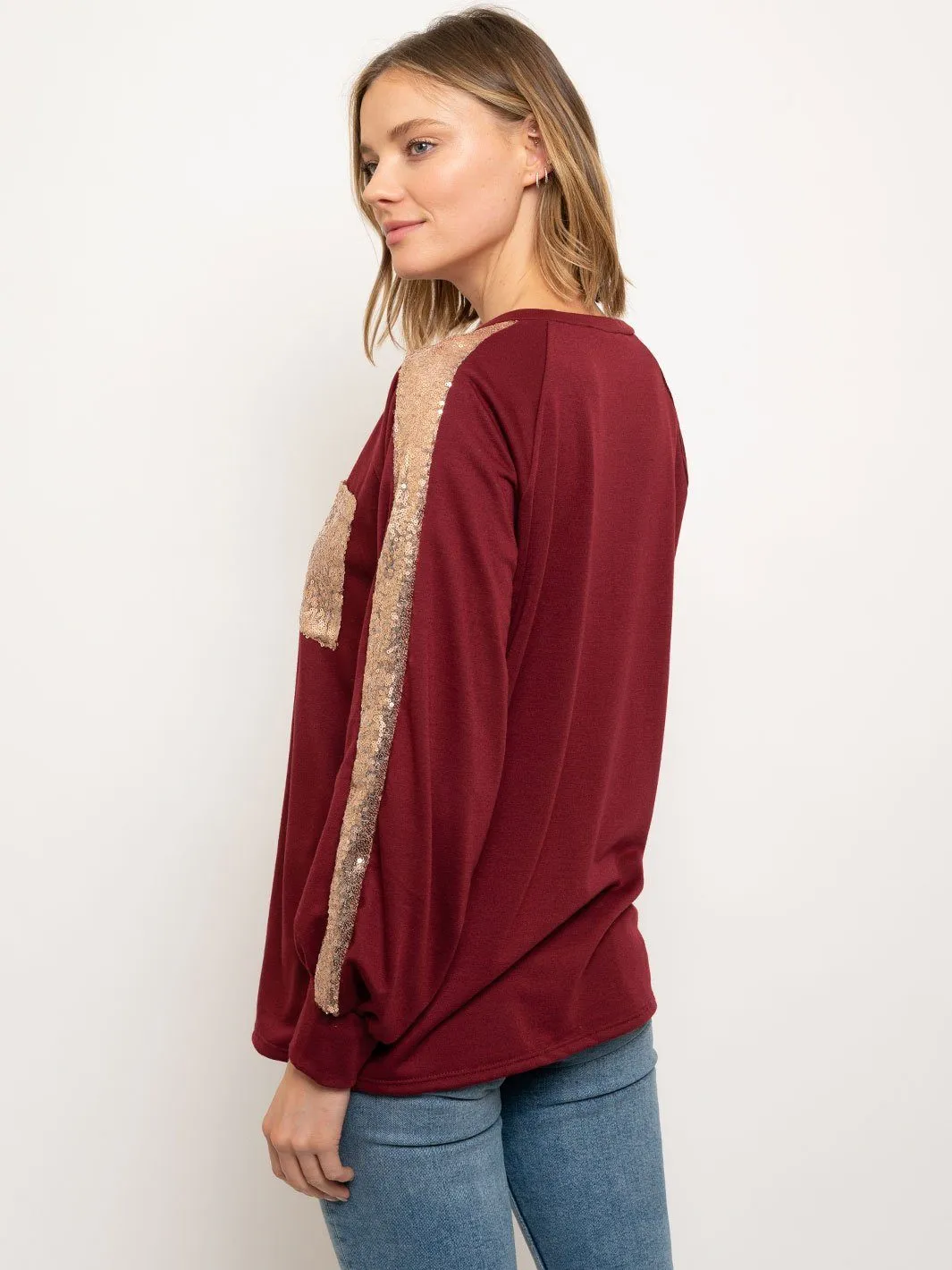 WOMEN'S SEQUINS LONG SLEEVE POCKET TOP