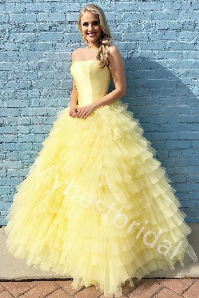 Yellow Elegant Strapless Sleeveless A-line Long Prom Dress,PDS1117
