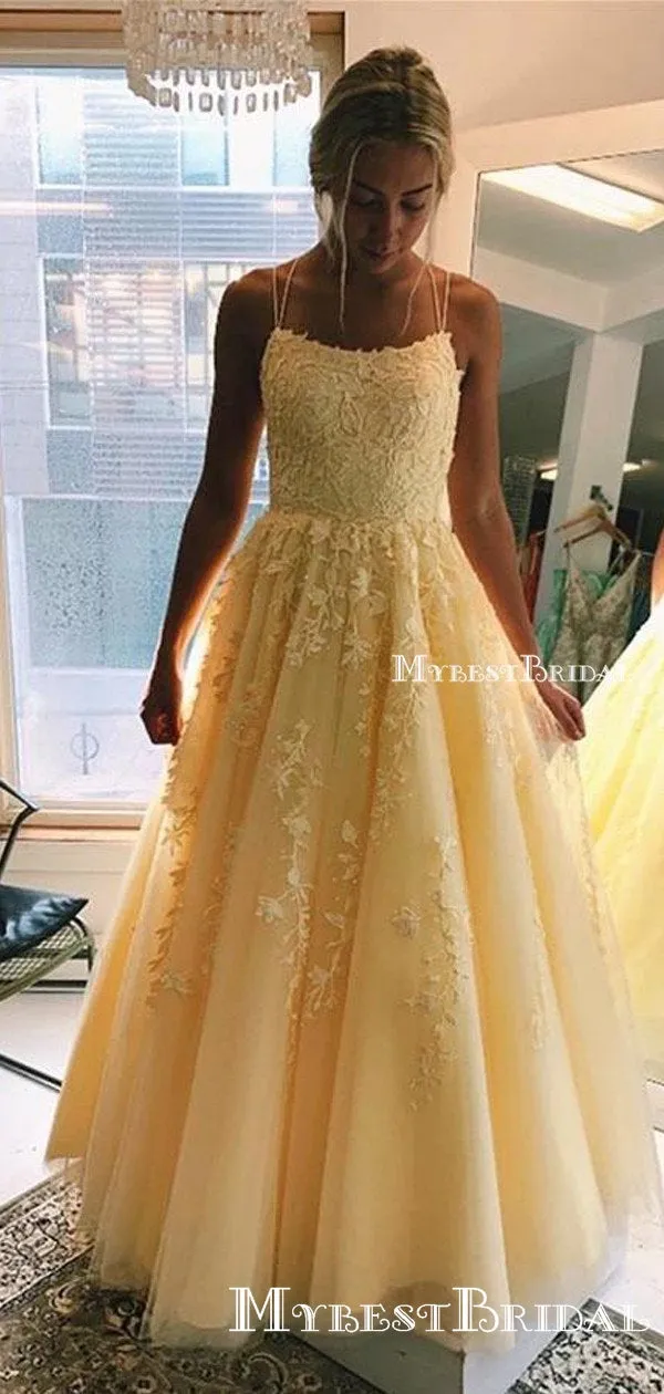 Youthful Yellow Tulle Lace Appliques Spaghetti Strap Long Prom Dress Formal Party Gowns Prom Dresses, PDS0057