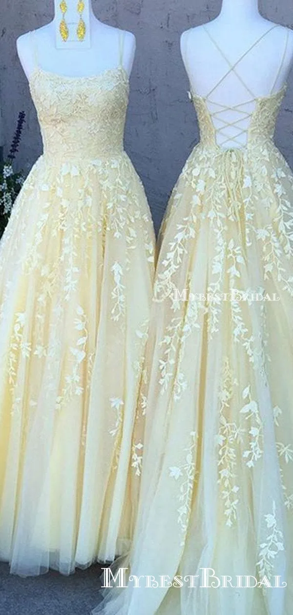 Youthful Yellow Tulle Lace Appliques Spaghetti Strap Long Prom Dress Formal Party Gowns Prom Dresses, PDS0057