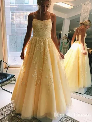 Youthful Yellow Tulle Lace Appliques Spaghetti Strap Long Prom Dress Formal Party Gowns Prom Dresses, PDS0057